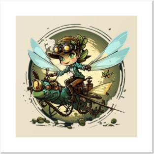 Steampunk Battle Fairy Riding a Dragonfly Posters and Art